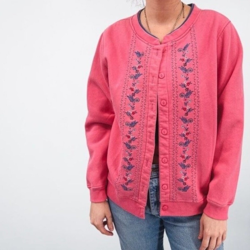 VTG Shenanigans Pink Embroidered Button Front Cardigan Sweatshirt Womens‎ Medium